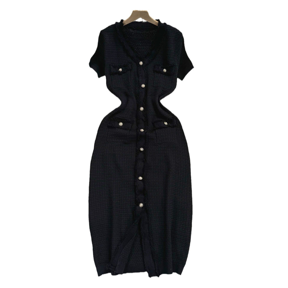 Exportnew arrival summerfrenchstyle short-sleeved waist silmv neckknittingdress women's volleyball button elegant skirt