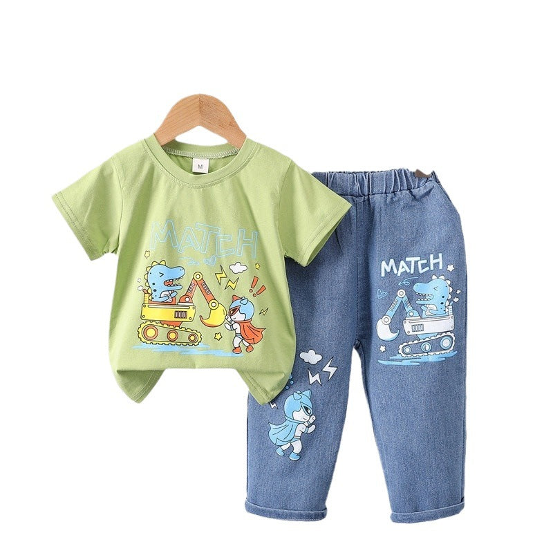 Summer  new arrivals: 0-5 year old kids' cartoon car & animal print crewneck short sleeve & denim pants two-piece cotton set