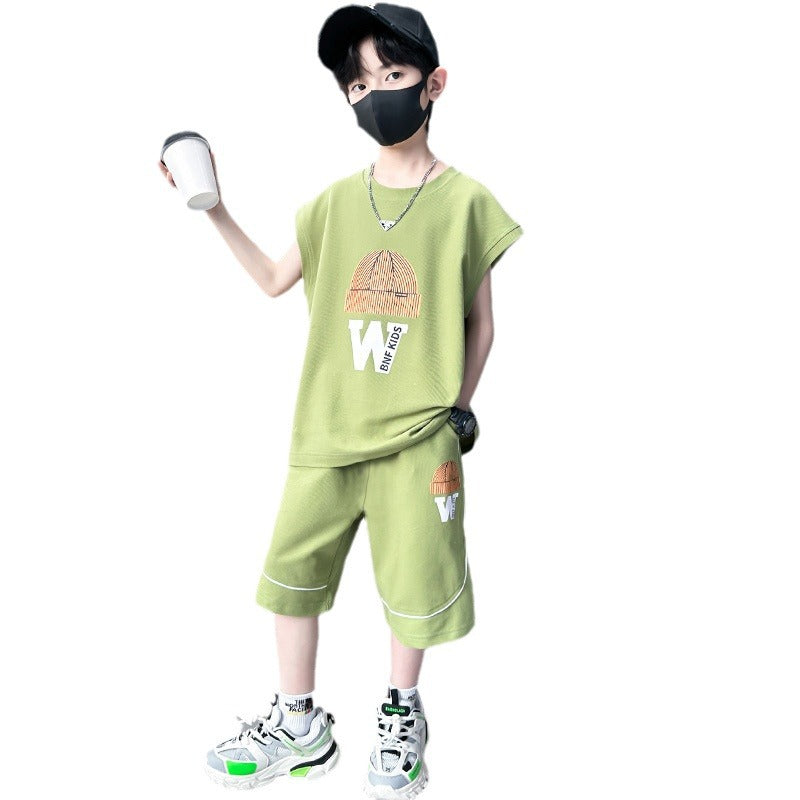 Boys' summer outfit set, new  styles for mid-to-large children, lightweight summer short-sleeve two-piece set, super cool kids' clothing
