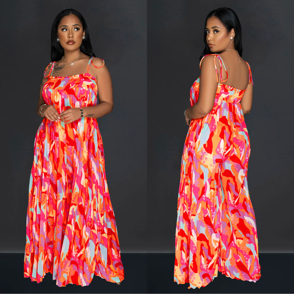 C6878 cross-border   fashion women's sexy printed cami pleated wide-leg jumpsuit