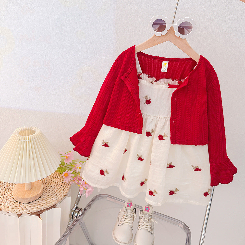 Girls' red floral sundress two-piece princess outfit - new autumn  korean style