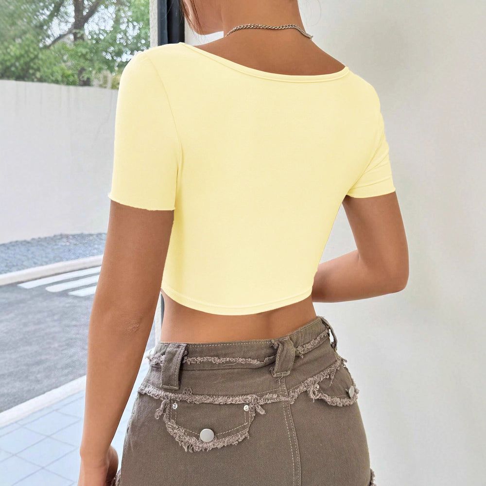 Insnew arrivalfashion cross-border short-sleeved fabric sexy hot girl design chest twist vshorttops