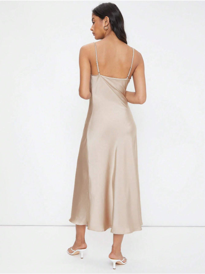 women's fashion: european and american  spring/summer new collection - satin cami dress with deep v-neck, slim fit, and solid color