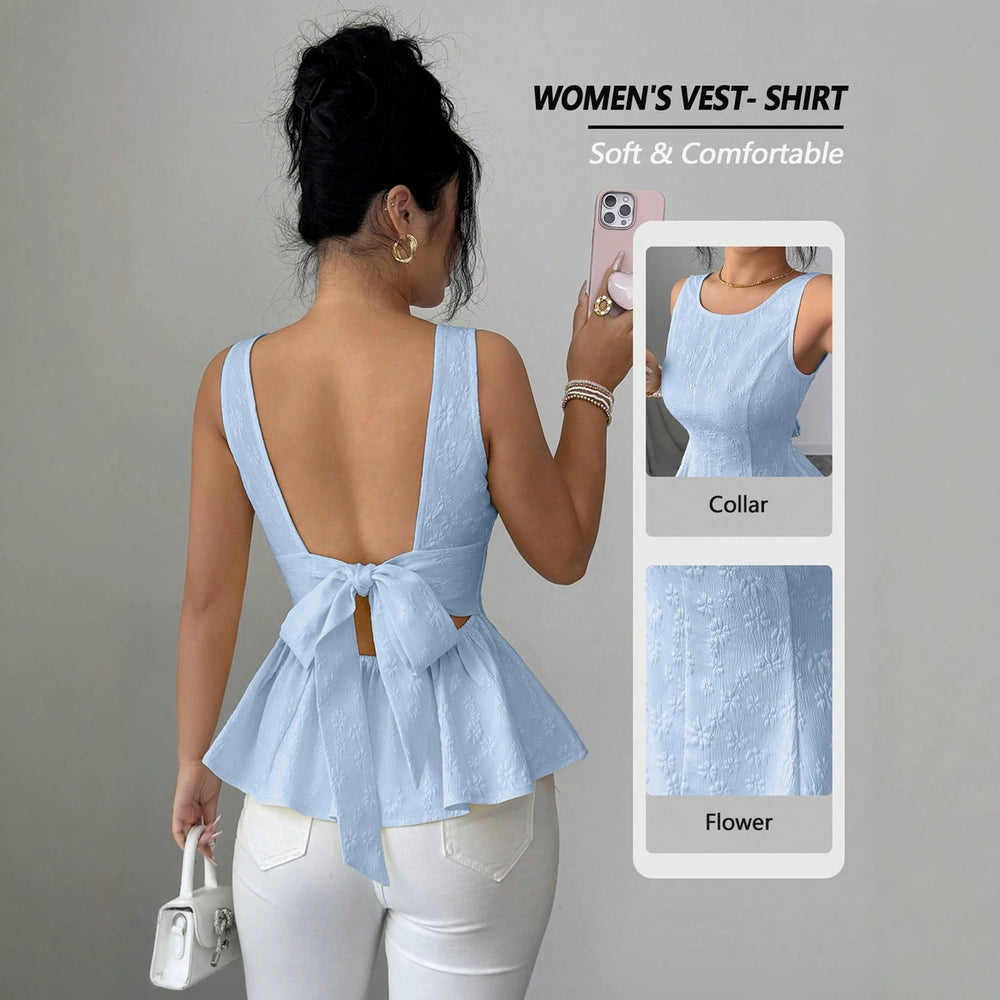 Sleeveless, waist-cinching top for women, featuring a ruffled hem, open back, and bow tie closure. a versatile and stylish piece perfect for everyday wear