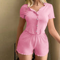 summer women's korean & japanese style casual outfit - three-quarter sleeve top & three-quarter length shorts - ruffle trim, distressed hem, fashionable and versatile two-piece set