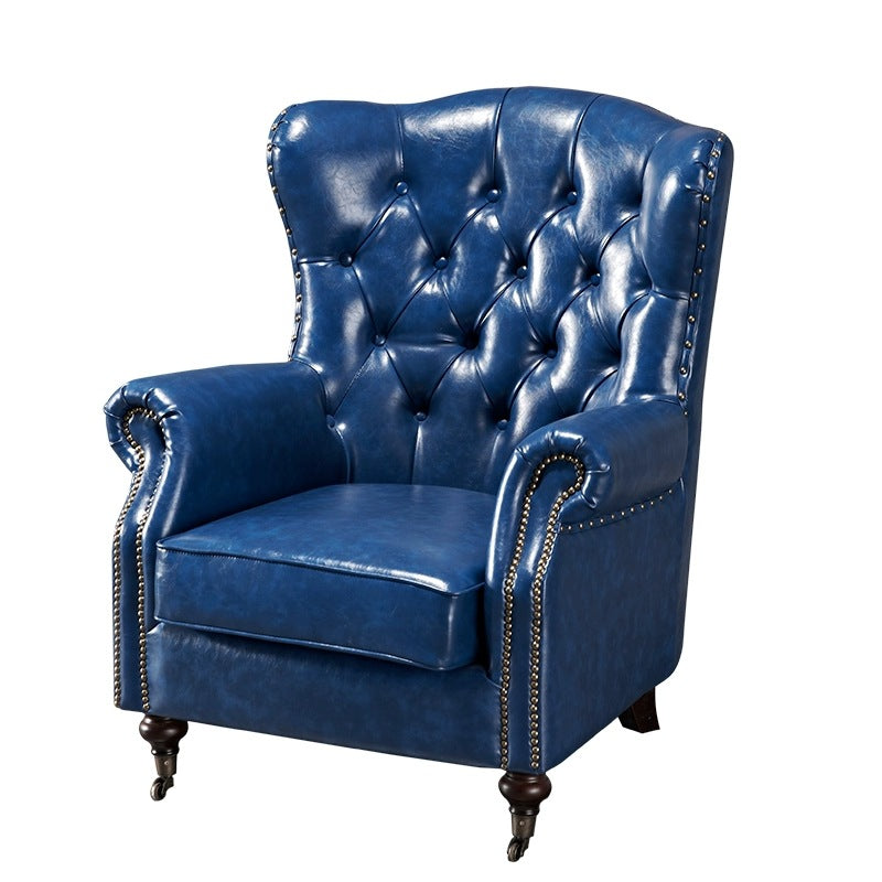 Vintage distressed american oil wax leather brown single armchair sofa high back button tufted hotel reception living room tiger chair