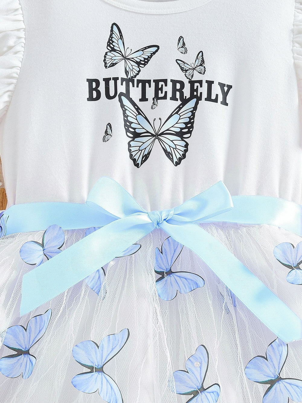 girls' summer dress with flutter sleeves, butterfly print, white and blue color block, and a flowy tulle skirt - princess style for kids