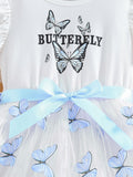 girls' summer dress with flutter sleeves, butterfly print, white and blue color block, and a flowy tulle skirt - princess style for kids