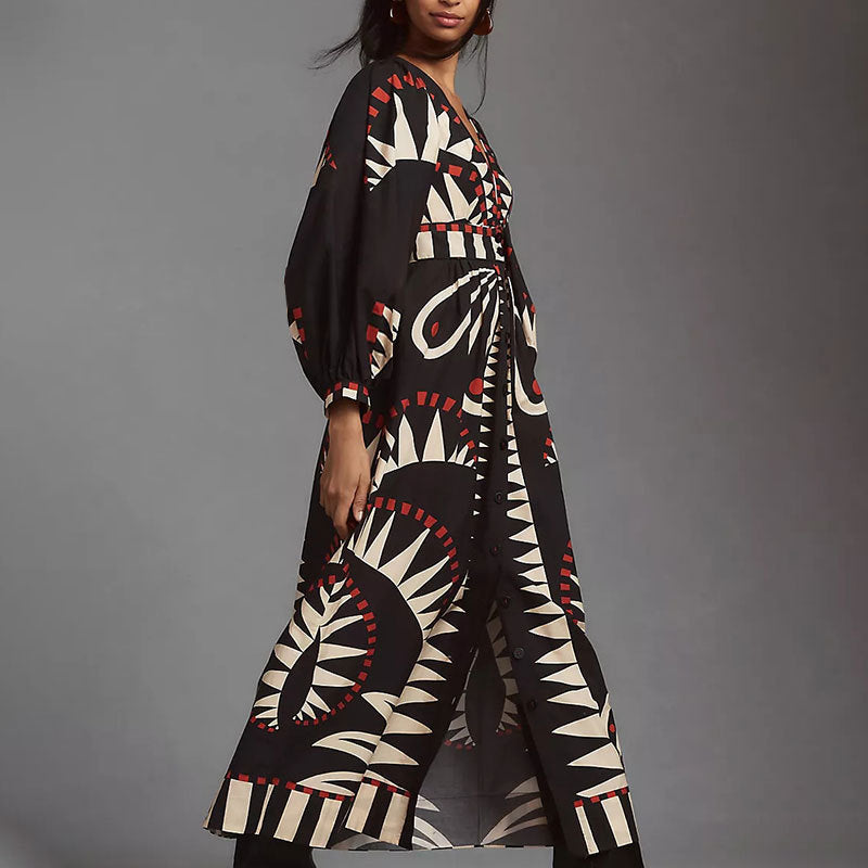 cross-border e-commerce european and american women's clothing: new summer collection - vintage-inspired printed lantern sleeve fashion v-neck dress