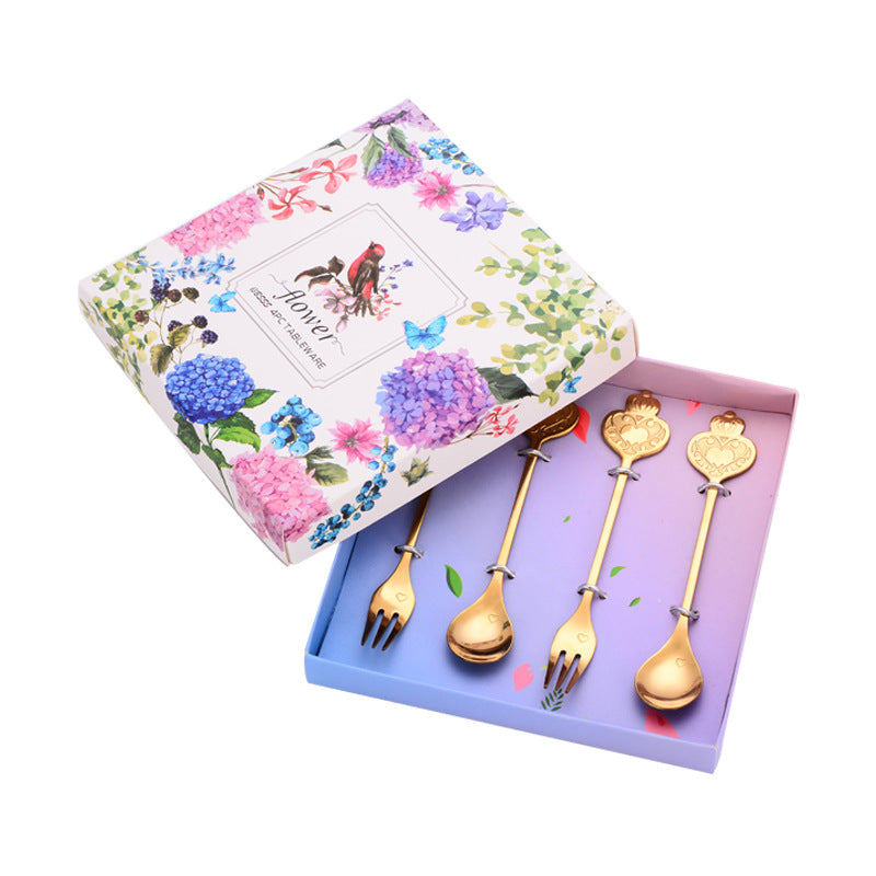Crown Stainless Steel Spoon Heart Spoon and Fork Gift Box Set Creative Coffee Stir Honey Bird's Nest Dessert Gift Spoon