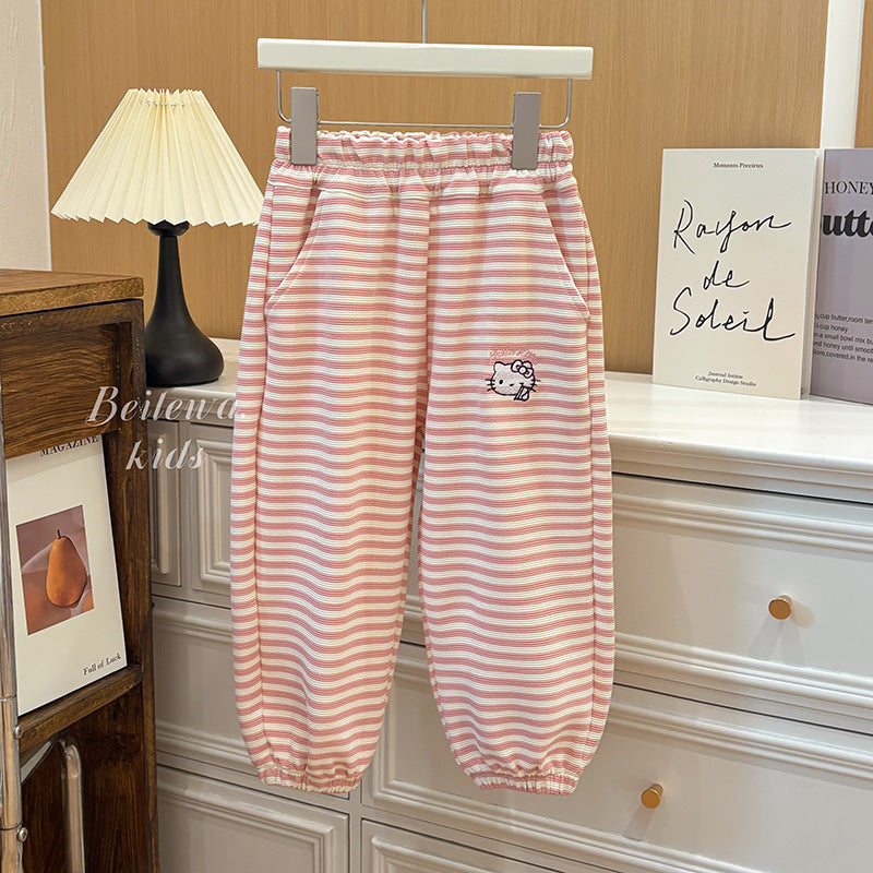 Girls' autumn pants: new kids' casual sports sweatpants, cute cartoon striped fashion joggers for toddlers