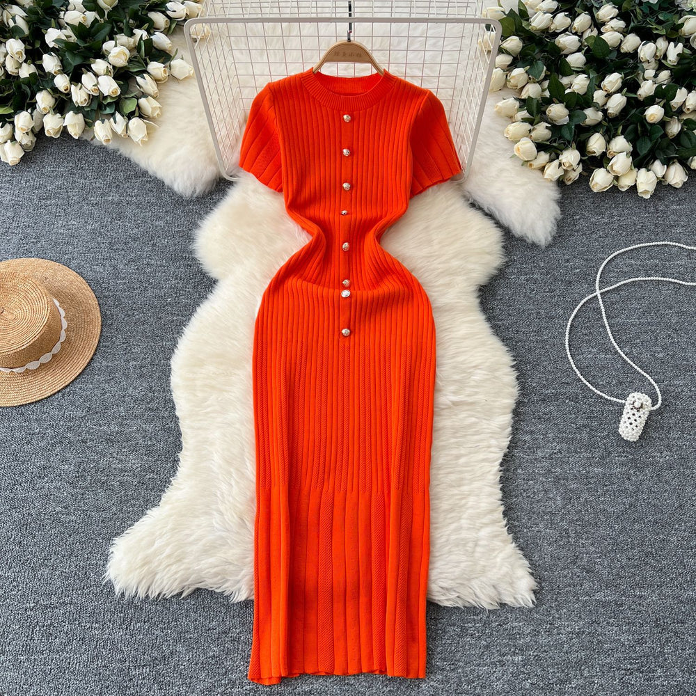 Elegant knittingnew arrivalclassy round neck single breasted short sleeve silmslimming lookfrench mid-length dress