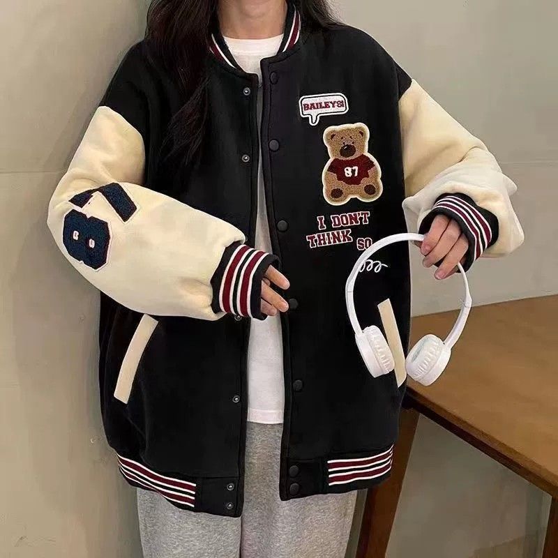 American baseball jersey student jacket women's autumn and winter new trendy brand loose and comfortable top thickened version color matching retro