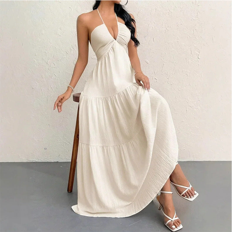 cross-border e-commerce dress: new summer women's vacation casual solid color backless tie-up maxi dress
