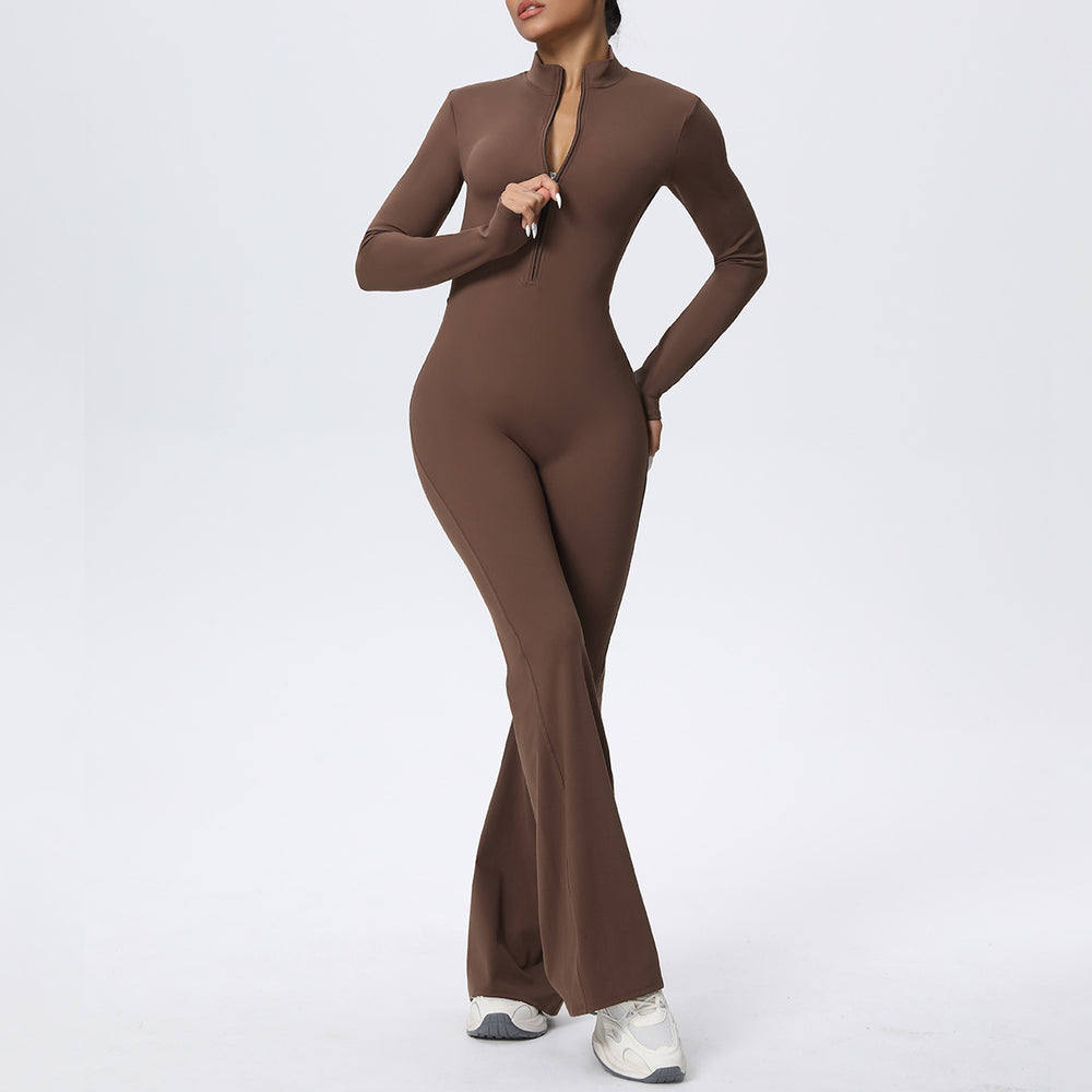 fashion zipper cloud-like tight long-sleeved yoga jumpsuit high-strength fitness sports all-in-one jumpsuit