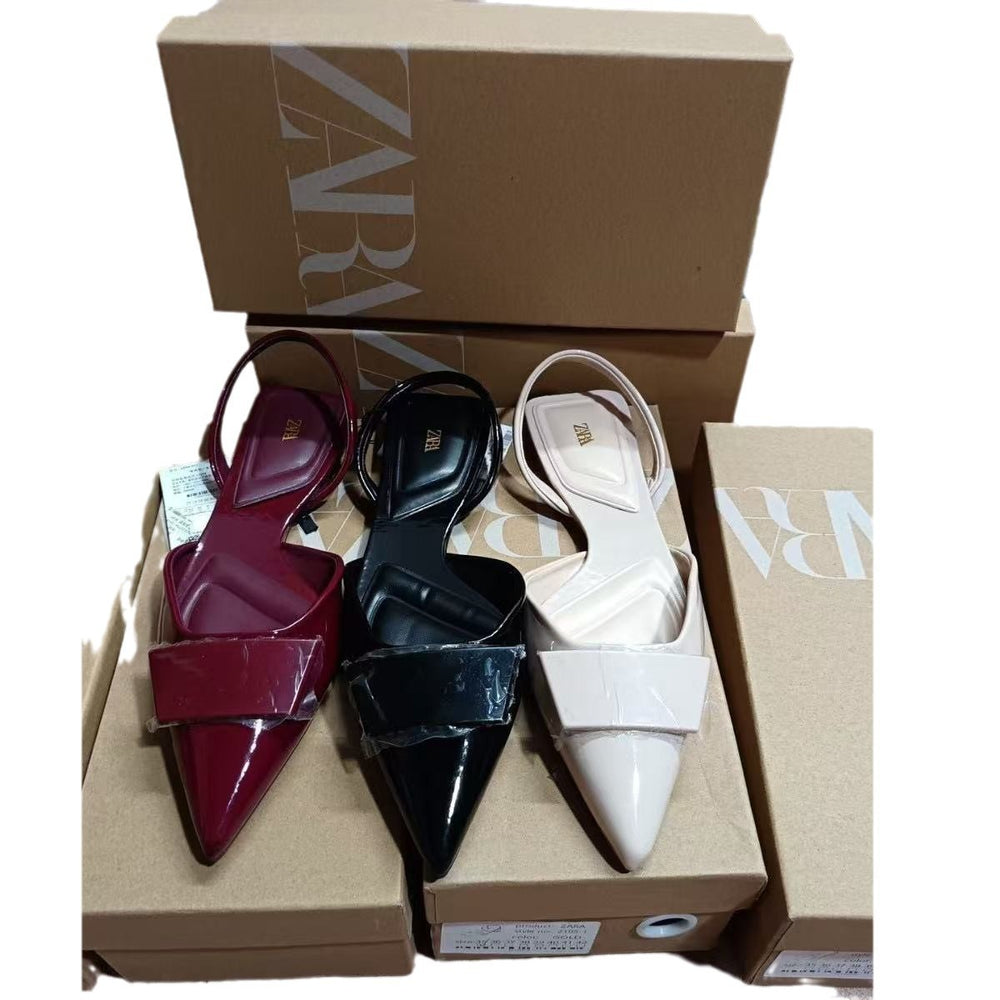 Za2024autum new pointed toe women's shoes fashion patent leather whiteflats square buckle headgear back strap sandals women