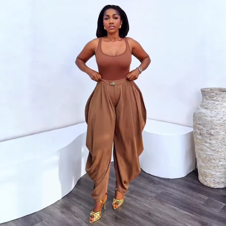 European and american cross-border women's fashion:  summer new arrivals - high-waisted, slimming, designer casual solid color loose wide-leg pants for women