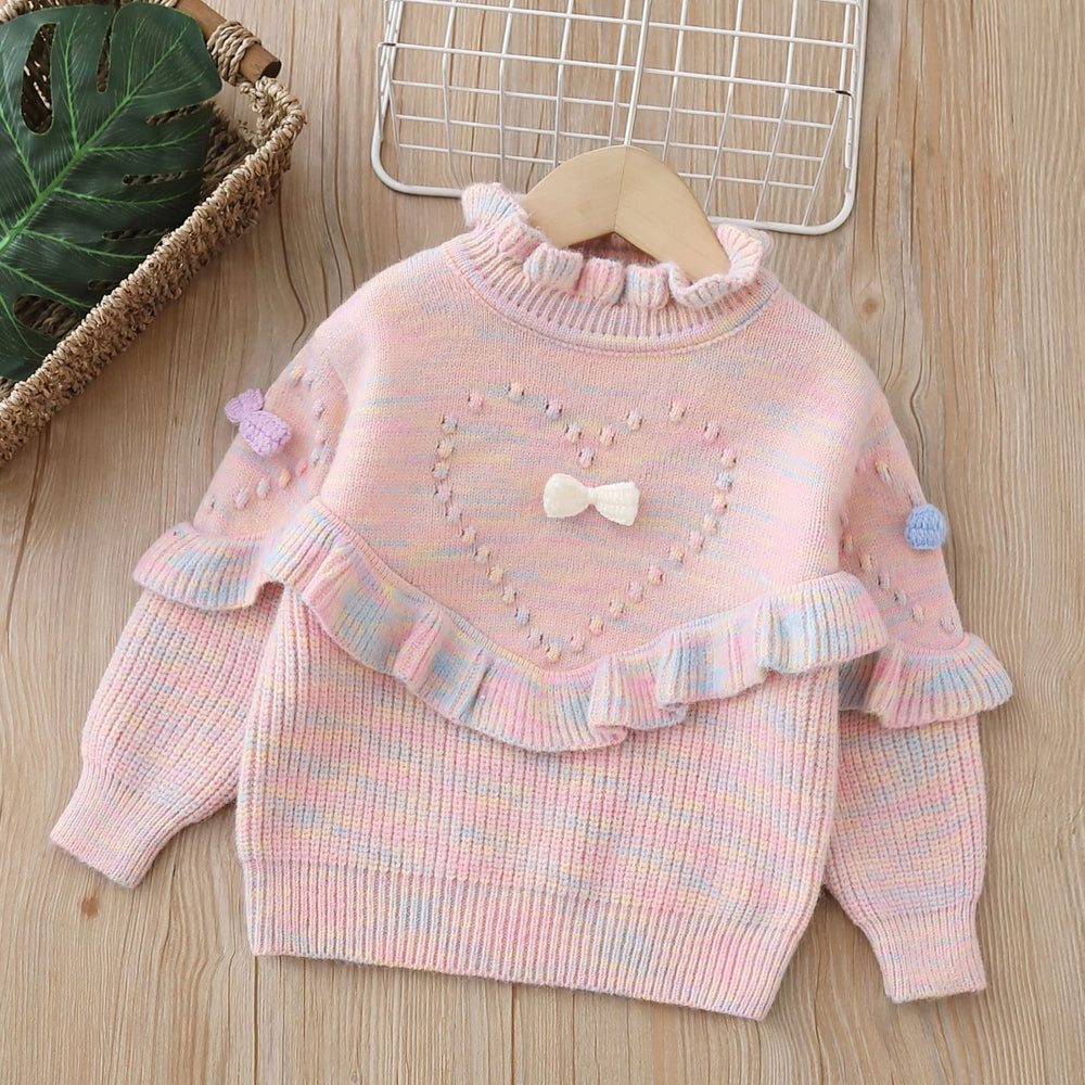 Girlsweater rainbow thread round neck fall and winternew arrival handmade flower little girl pullover sweatersuit