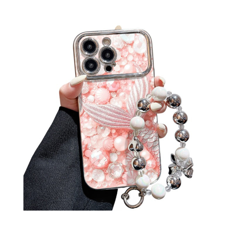 Suitable for iphone16 pink mermaid tail mobile phone case apple 17 girly heart anti-fall electroplated large window soft case