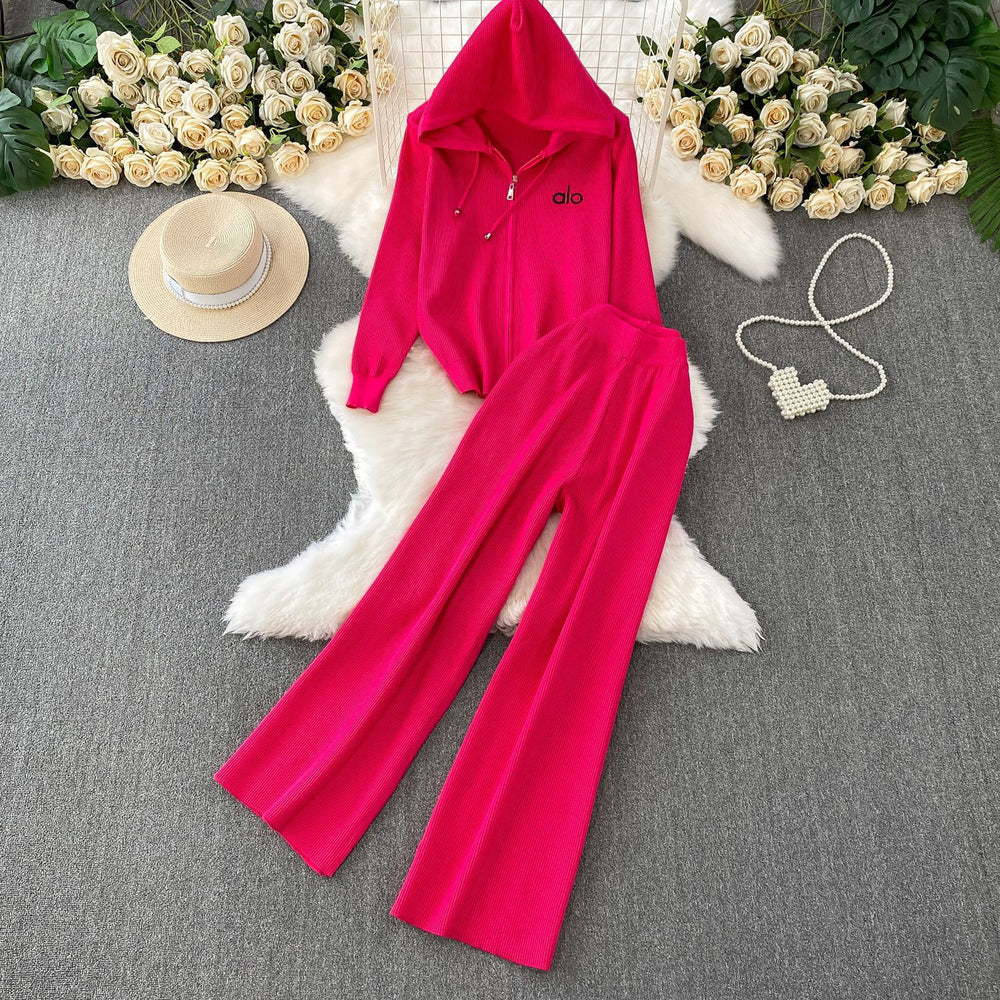 Women's casual activewear two-piece set: fall/winter letter embroidered zip-up hoodie knit sweater jacket & wide-leg pants