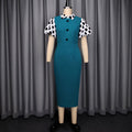 new plus size midi dress - green patchwork polka dot puff sleeve turn-down collar a-line dress