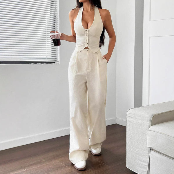 two-piece women's tie design tank top and straight pants casual pants set direct batch