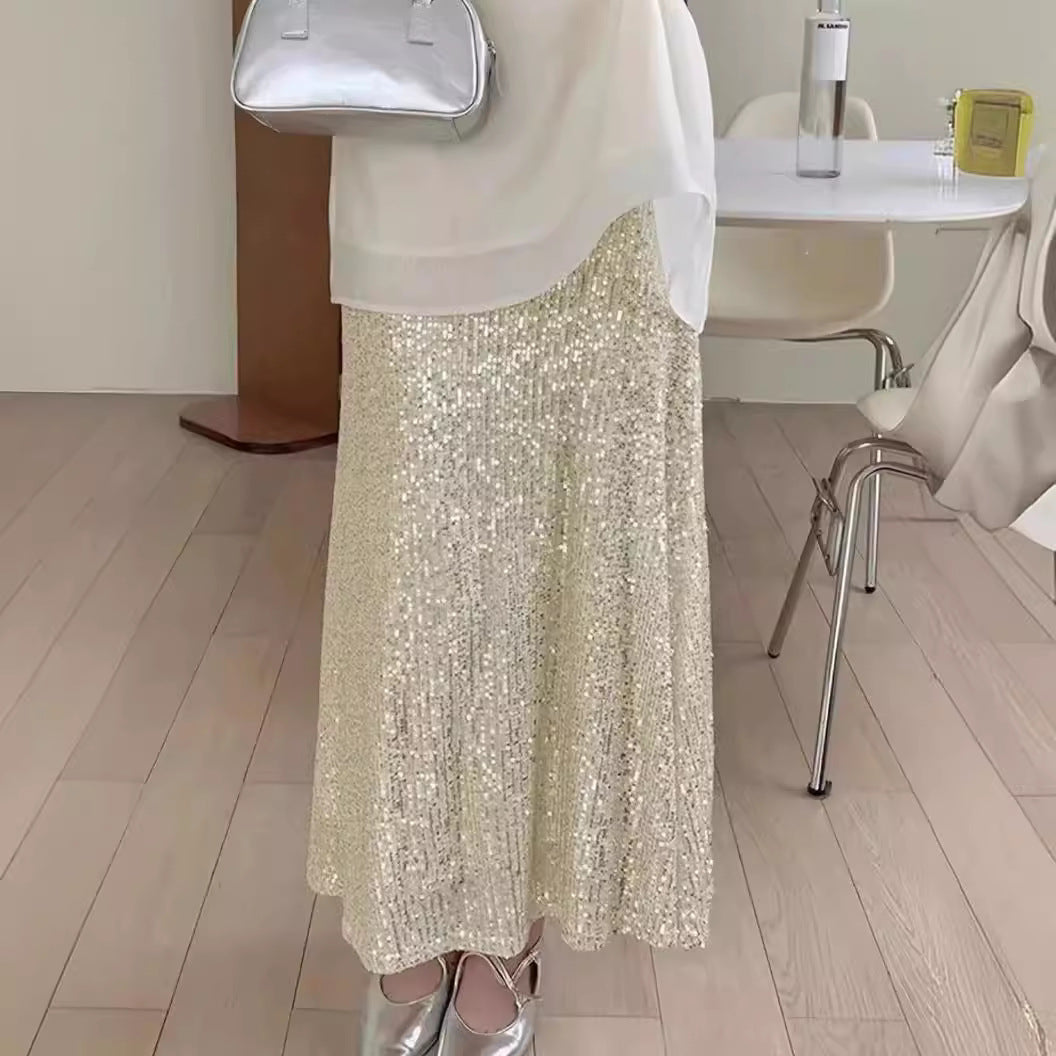 2025 European and American   new fashion sequins elastic high waist lining elastic drape skirt long skirt women