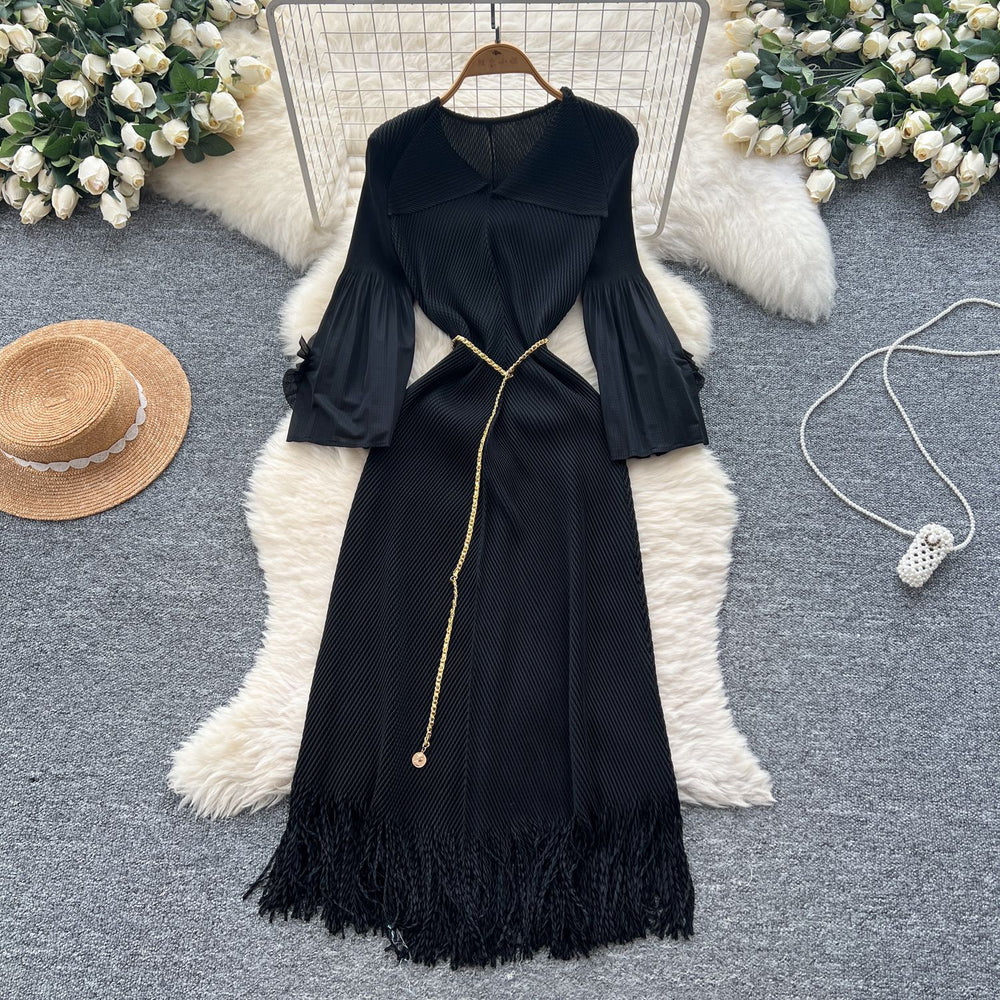 European fashion dress women's  new arrival: high-end tie-waist, collared, floral sleeve, pleated, tassel hem maxi dress