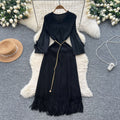 European fashion dress women's  new arrival: high-end tie-waist, collared, floral sleeve, pleated, tassel hem maxi dress