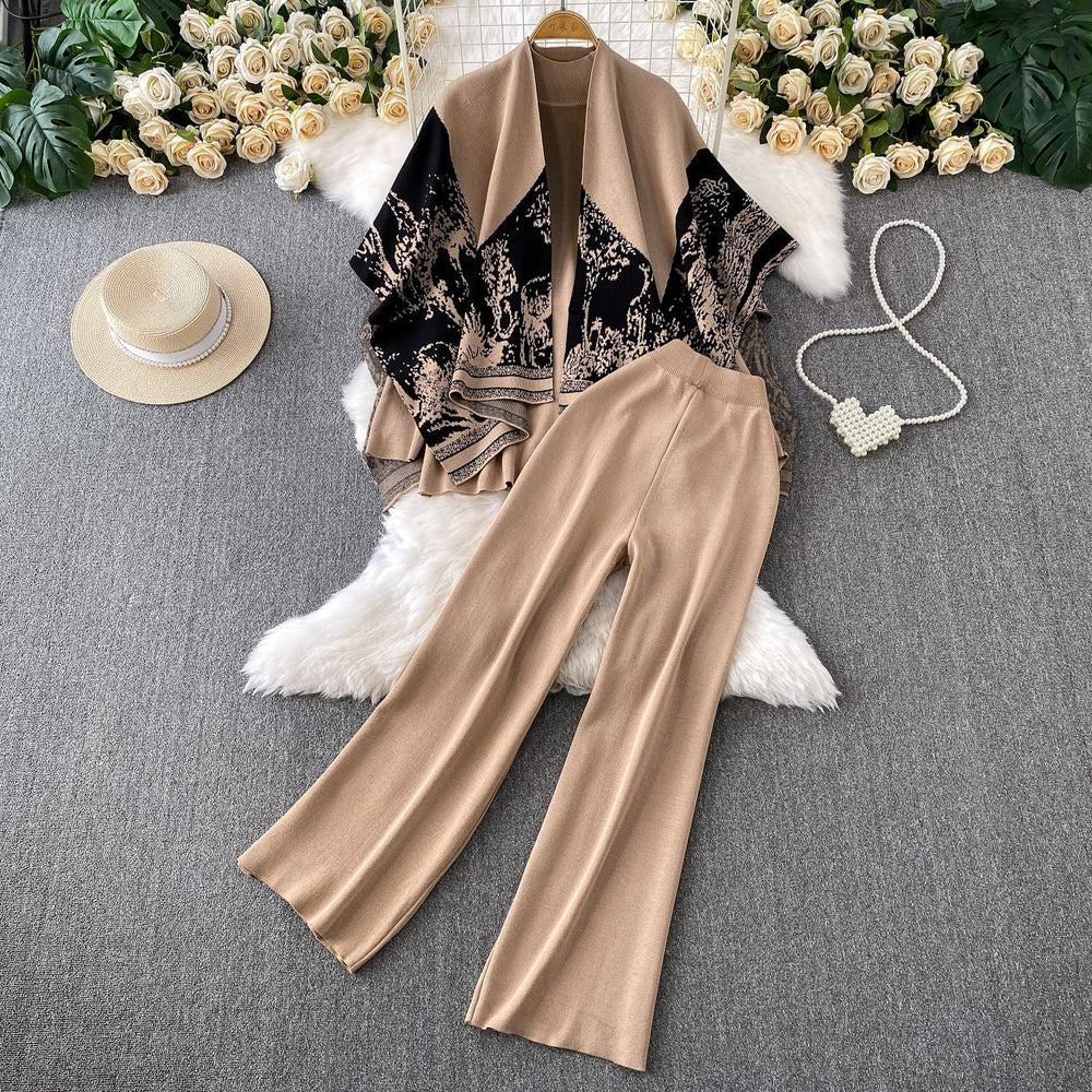 High-end elegant half-high neck sweater + printed knit shawl cardigan + high-waisted slimming pants three-piece set