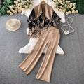 High-end elegant half-high neck sweater + printed knit shawl cardigan + high-waisted slimming pants three-piece set