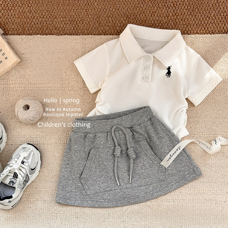 Girls' outfit set -  summer new arrival: stylish polo shirt & trendy casual sports skirt/trousers two-piece set for baby girls
