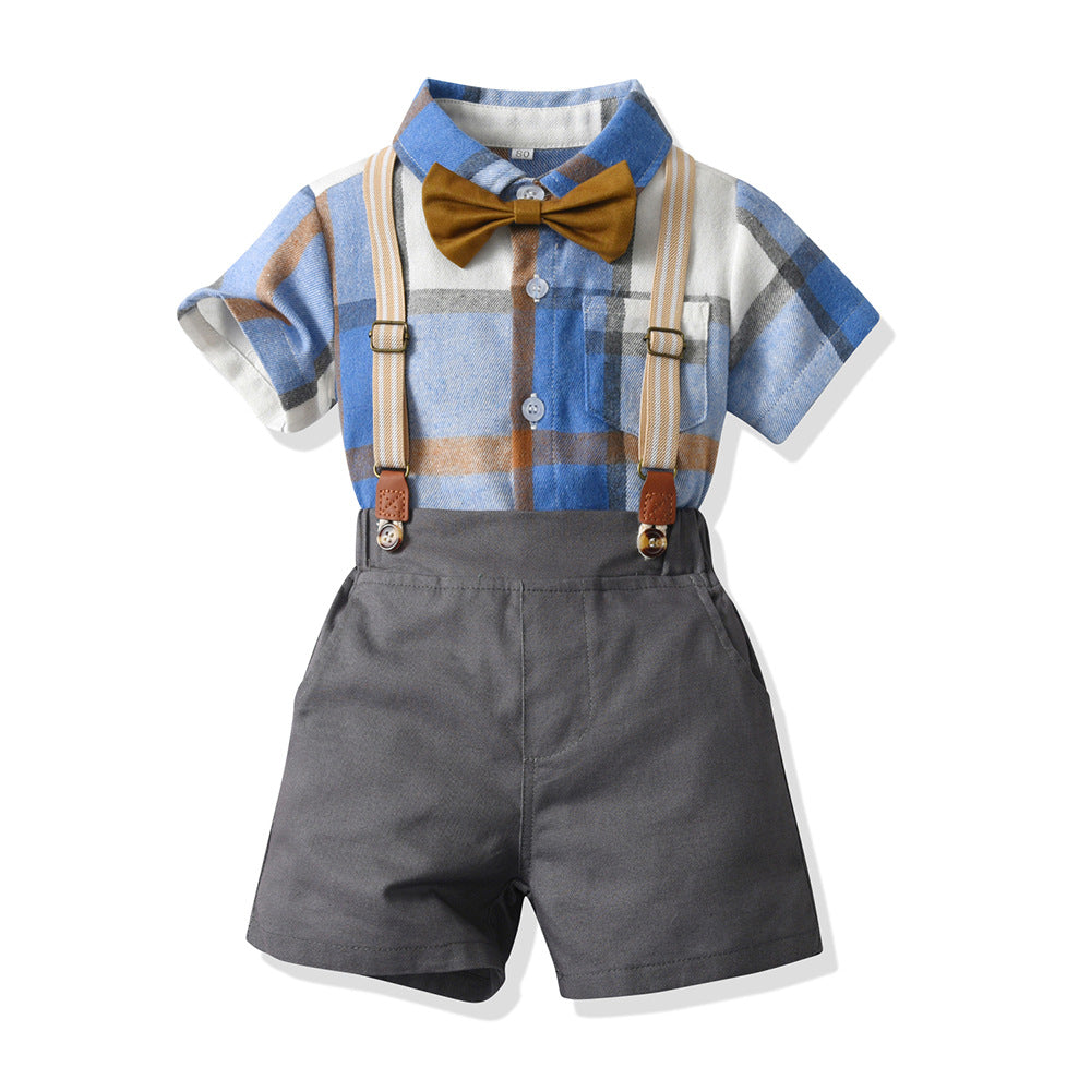 Boyssuitspringnew arrivalboysplaidlong sleevesshirtbaby boy british plaid one-year-old overallssuit