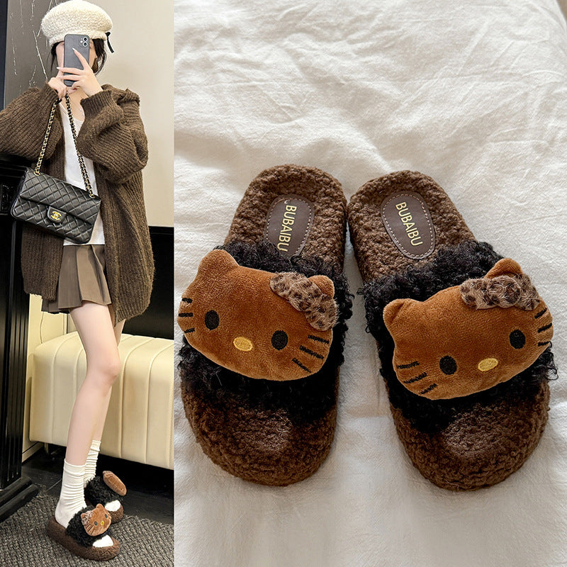 Autumn and winter cute leopard print cat cotton slippers for women, non-slip home slippers, trendy leopard print furry slippers for women, suitable for wearing outdoors