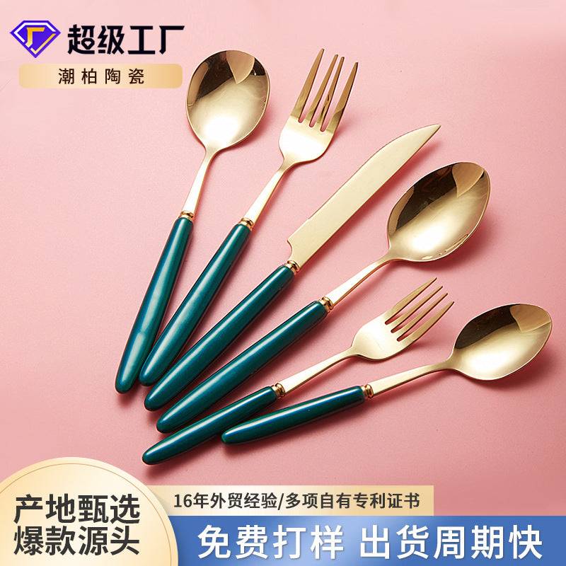 Amazon stainless steel cutlery set - knife, fork, and spoon - western dinnerware, steak knife, fork, and spoon with ceramic handles, fruit fork - logo customization available