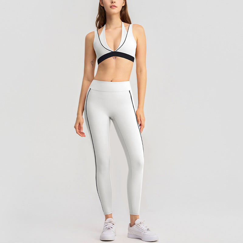 fake two-piececontrast color white striped running fitness shorts v neckhalter sports intimates bra yoga suit