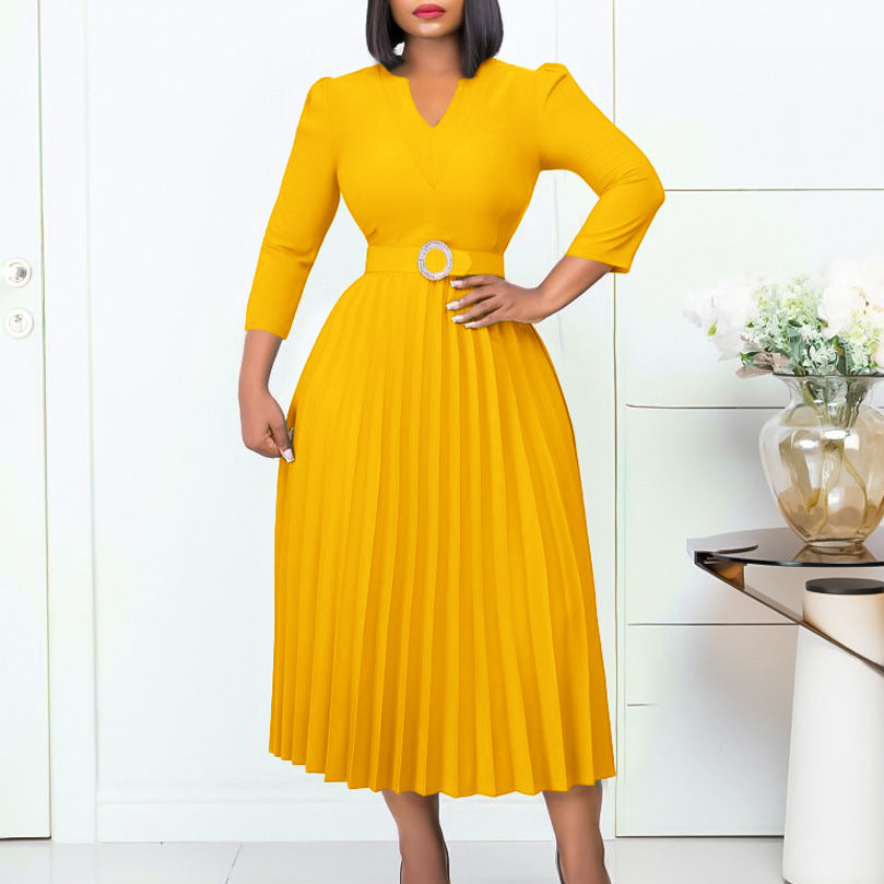 D426 independent station export women's clothing  autumn new v neck fashionelegantelegance pleated skirt fashiondress