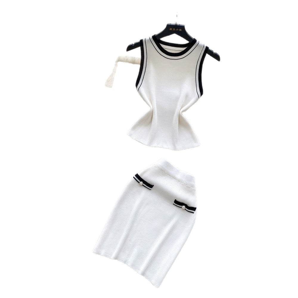 Trendy twee twee style two-piece set for women: autumn fashion color block crew neck sleeveless knit top & bodycon mini skirt