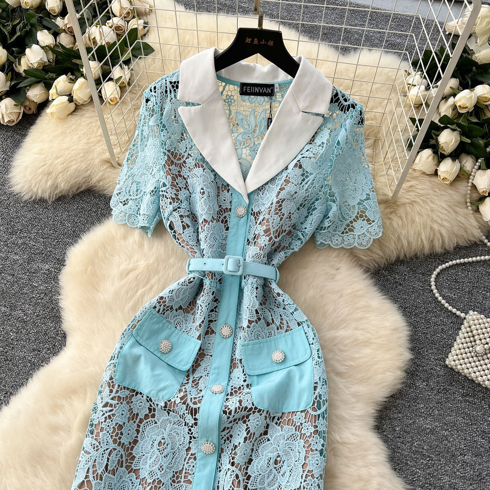 Luxury european and american style blazer collar short sleeve dress - women's summer mesh hollow-out crochet slimming elegant maxi dress