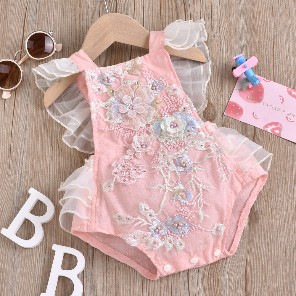 European and american cross-border e-commerce new arrival: girls' baby romper with mesh lace, beaded appliqué, and tie closure