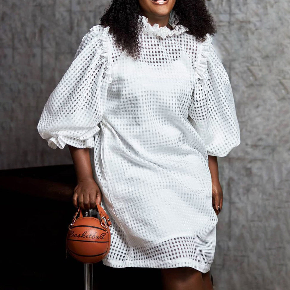 D3076  autumn new arrival  hollow-out solid color bubble sleeve two-piece set cross-border dress african women's clothing