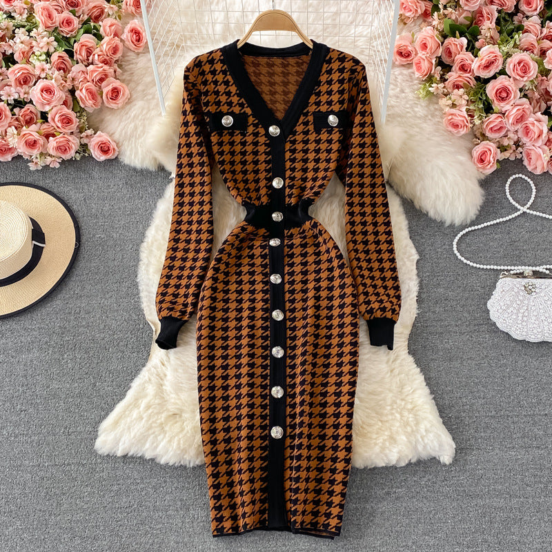 Fall and winternew arrivalelegantv neckcontrast color tweed styleilmfashion chidori grids pattern long sleevesknitting hip-hugging dress