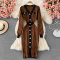 Fall and winternew arrivalelegantv neckcontrast color tweed styleilmfashion chidori grids pattern long sleevesknitting hip-hugging dress