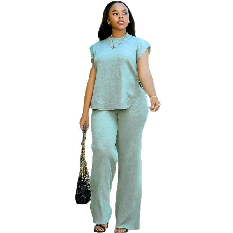 European and american cross-border women's fashion  autumn new arrival: elegant solid color mock neck short sleeve t-shirt and wide leg pants set