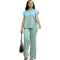 European and american cross-border women's fashion  autumn new arrival: elegant solid color mock neck short sleeve t-shirt and wide leg pants set