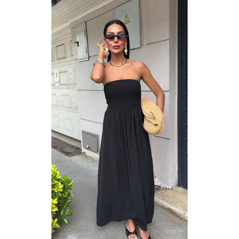 new arrival: solid color off-the-shoulder bandeau waist-defining dress