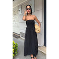 new arrival: solid color off-the-shoulder bandeau waist-defining dress