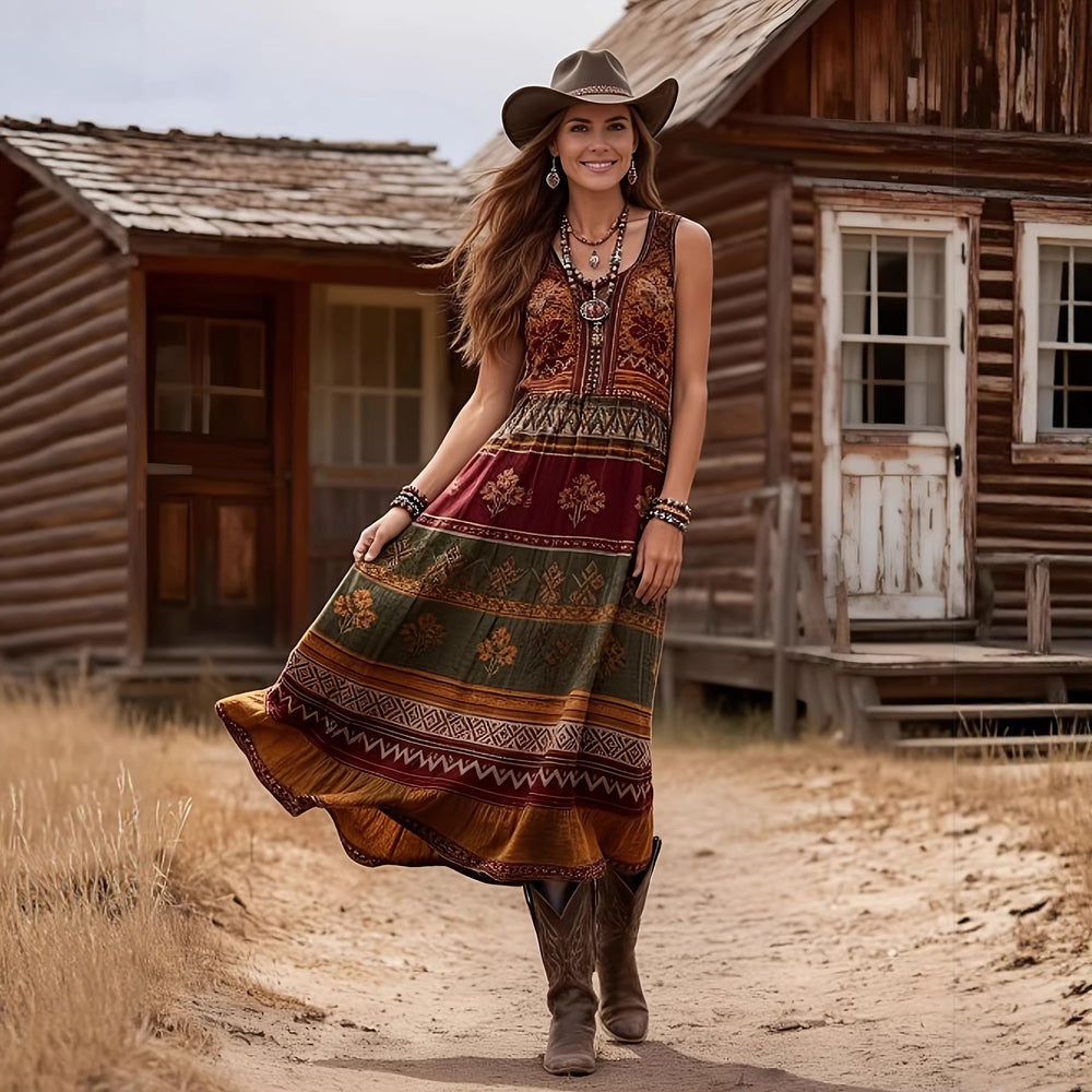Northwestern cowboy style vintage print maxi dress - cross-border exclusive v-neck high-waisted dress