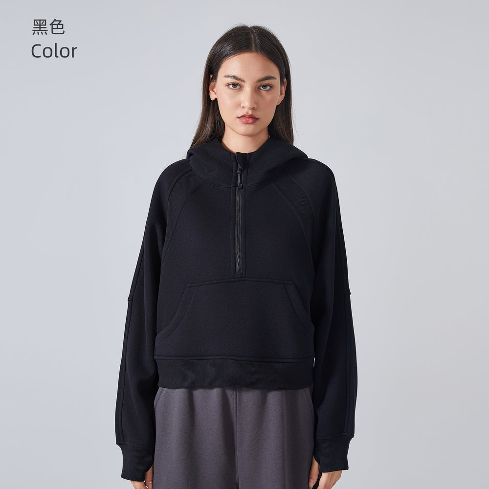 Fall and winterfleece-linedheattech yoga wear half-zip hooded sweatshirt outdoor fitness loose sports tops women's daw139