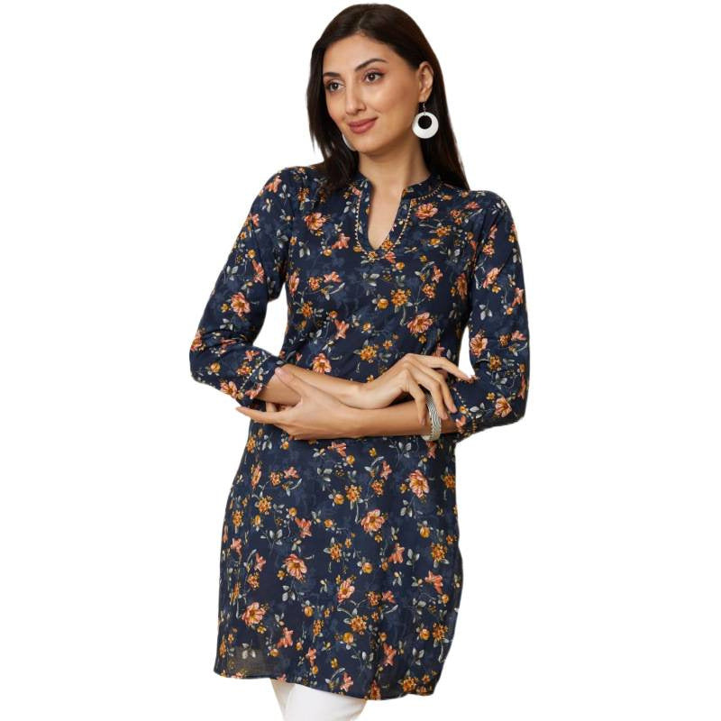 summer new  navy blue floral print dress - women's slimming v-neck mini dress
